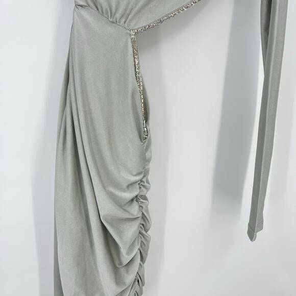 Khanum's | NWT One Shoulder Sash Mini Dress in Silver Party Rhinestone Trim XS - Picture 6 of 16